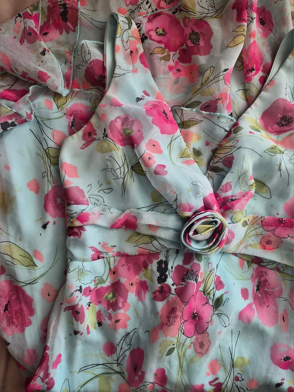 B. Smart Y2K Floral Dress in Aqua and Pink with Rosette Detail